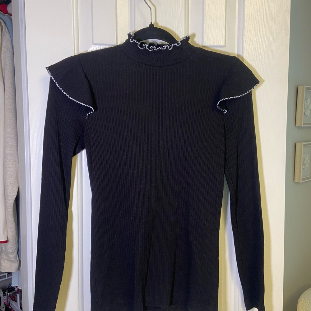 LOFT Black Long Sleeve Top with Ruffle Detail